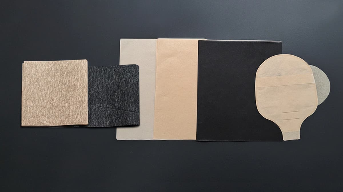 Samples of nonwoven technical fabrics used in the production of colostomy pouches, showcasing different colors, textures, and finishes